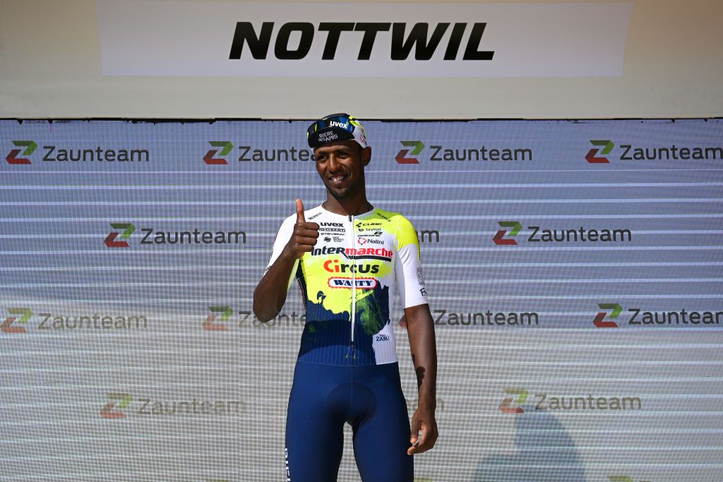 NOTTWIL SWITZERLAND JUNE 12 Biniam Girmay of Eritrea and Team IntermarchCircusWanty celebrates at podium as stage winner during the 86th Tour de Suisse 2023 Stage 2 a 1737km stage from Beromnster to Nottwil UCIWT on June 12 2023 in Nottwil Switzerland Photo by Dario BelingheriGetty Images