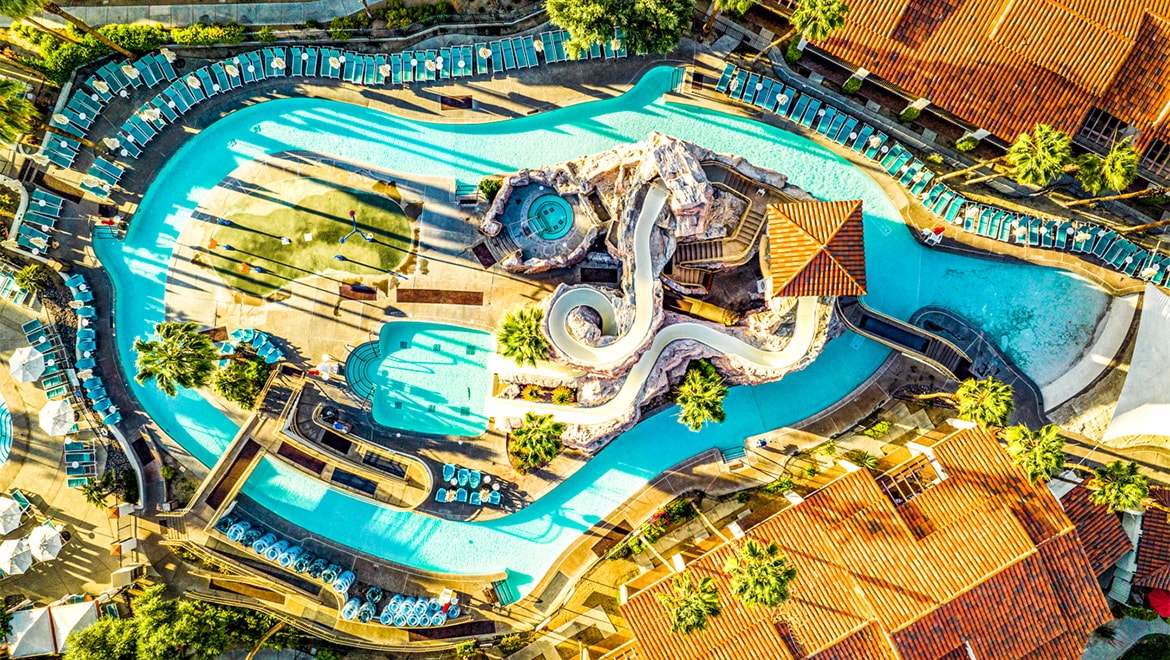 An aerial view of the Splashtopia Water Park at Omni Rancho Las Palmas Resort