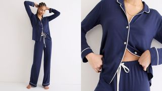 composite of model wearing navy long sleeve eco bamboo pajama set