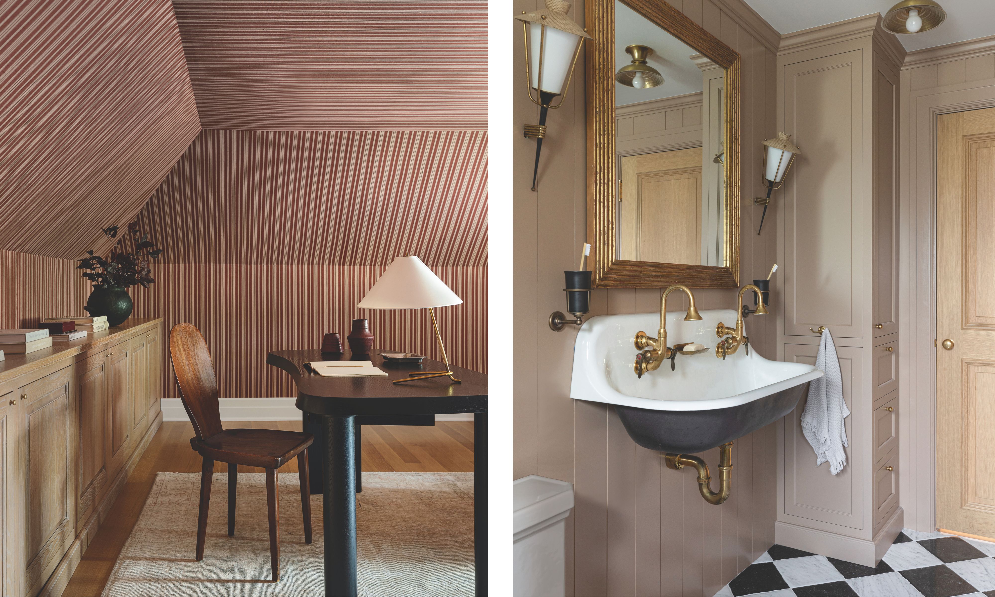 Left: A home office with walls and sloped ceilings covered in red and white striped wallpaper, featuring a dark wood desk. Right: A vintage-style bathroom with a wall-mounted white utility sink, brass fixtures, and a checkered marble floor.