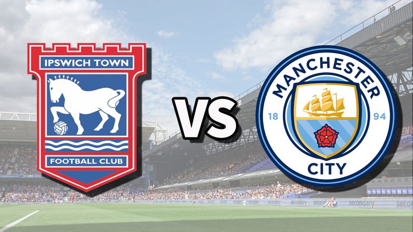 The Ipswich Town and Manchester City club badges on top of a photo of Portman Road in Ipswich, England