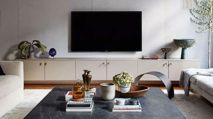 an entertainment center from IKEA cabinets