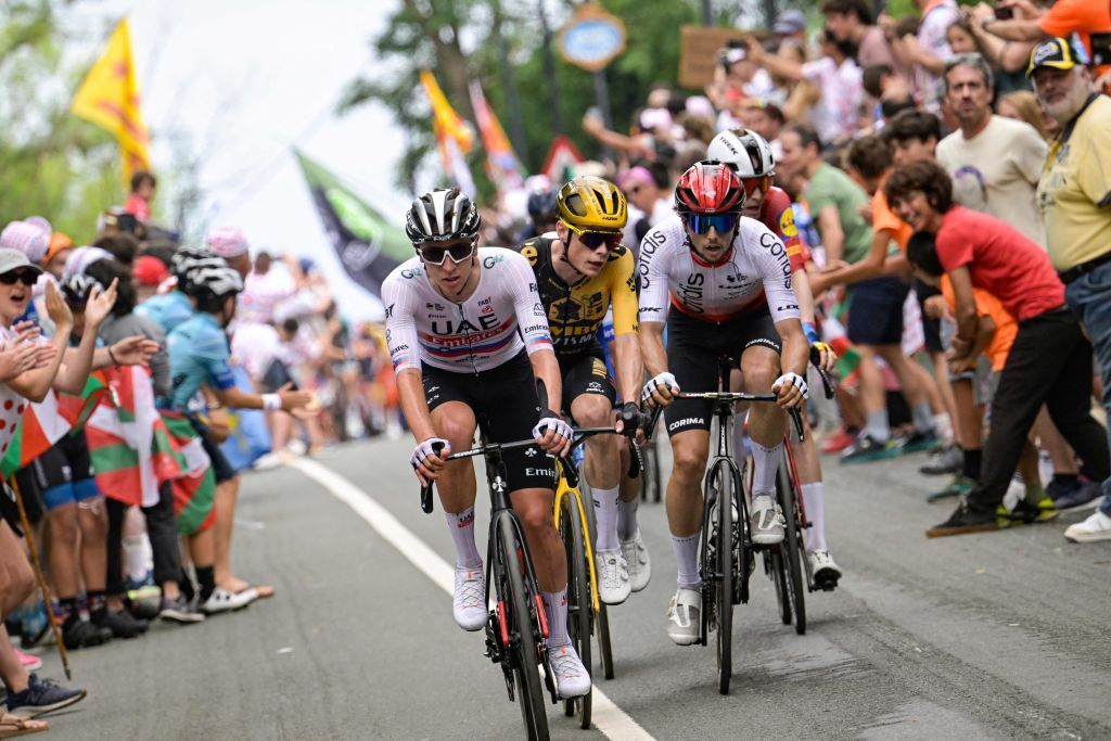 UAE Team Emirates Slovenian rider Tadej Pogacar L JumboVismas Danish rider Jonas Vingegaard C and Cofidis French rider Victor Lafay R cycle on the col de Pike during the 1st stage of the 110th edition of the Tour de France cycling race 182 km departing and finishing in Bilbao in northern Spain on July 1 2023 Photo by Bernard PAPON POOL AFP Photo by BERNARD PAPONPOOLAFP via Getty Images