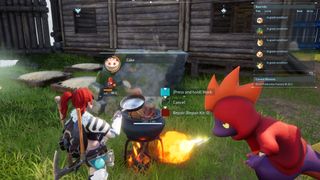 A pal blows fire under the cook pot as a cake is baked in Palworld.