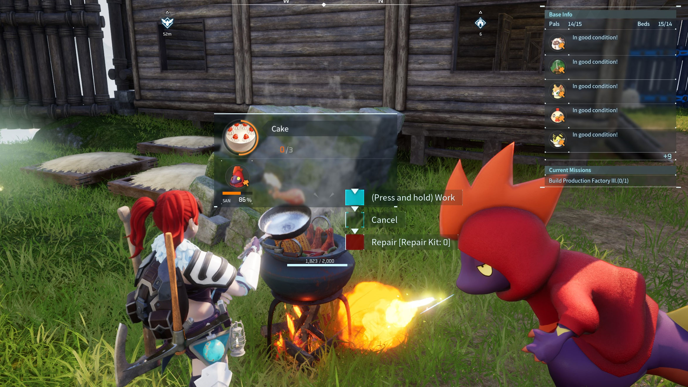 Un amigo sopla fuego debajo de la olla mientras se hornea un pastel en Palworld.