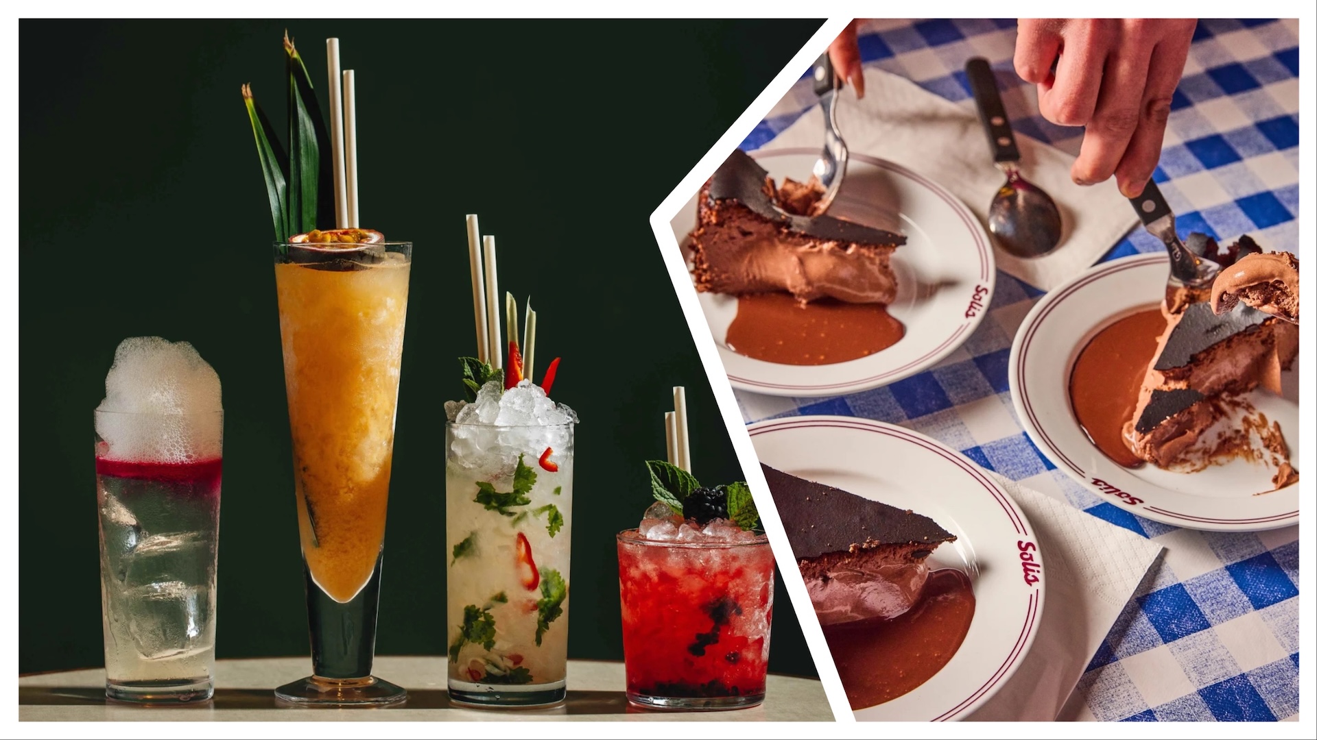 Two images from food and drink at Arcade - the left shows four cocktails and on the right is a spoon cutting into a dessert
