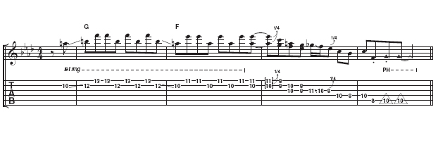 More of those doublestops give way here to a controlled descent down the C blues scale. Although none of the notes here are marked staccato, try varying between