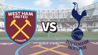 The West Ham United and Tottenham Hotspur club badges on top of a photo of London Stadium in London, England