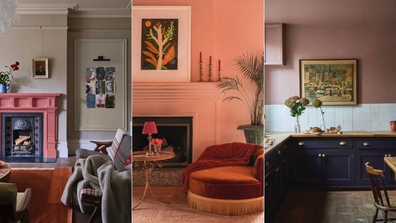 neutral living room with pink fireplace, coral pink living room, dark pink and black kitchen