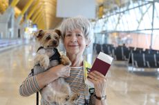Woman traveling, holding her dog and travel documents