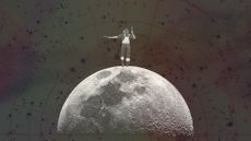 Photo collage of an air traffic controller on top of the Moon