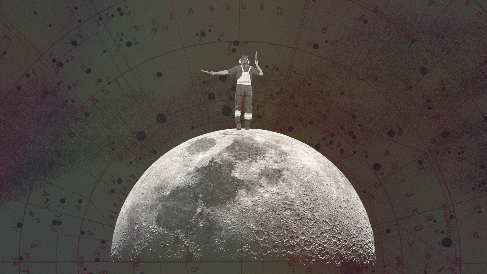 Photo collage of an air traffic controller on top of the Moon