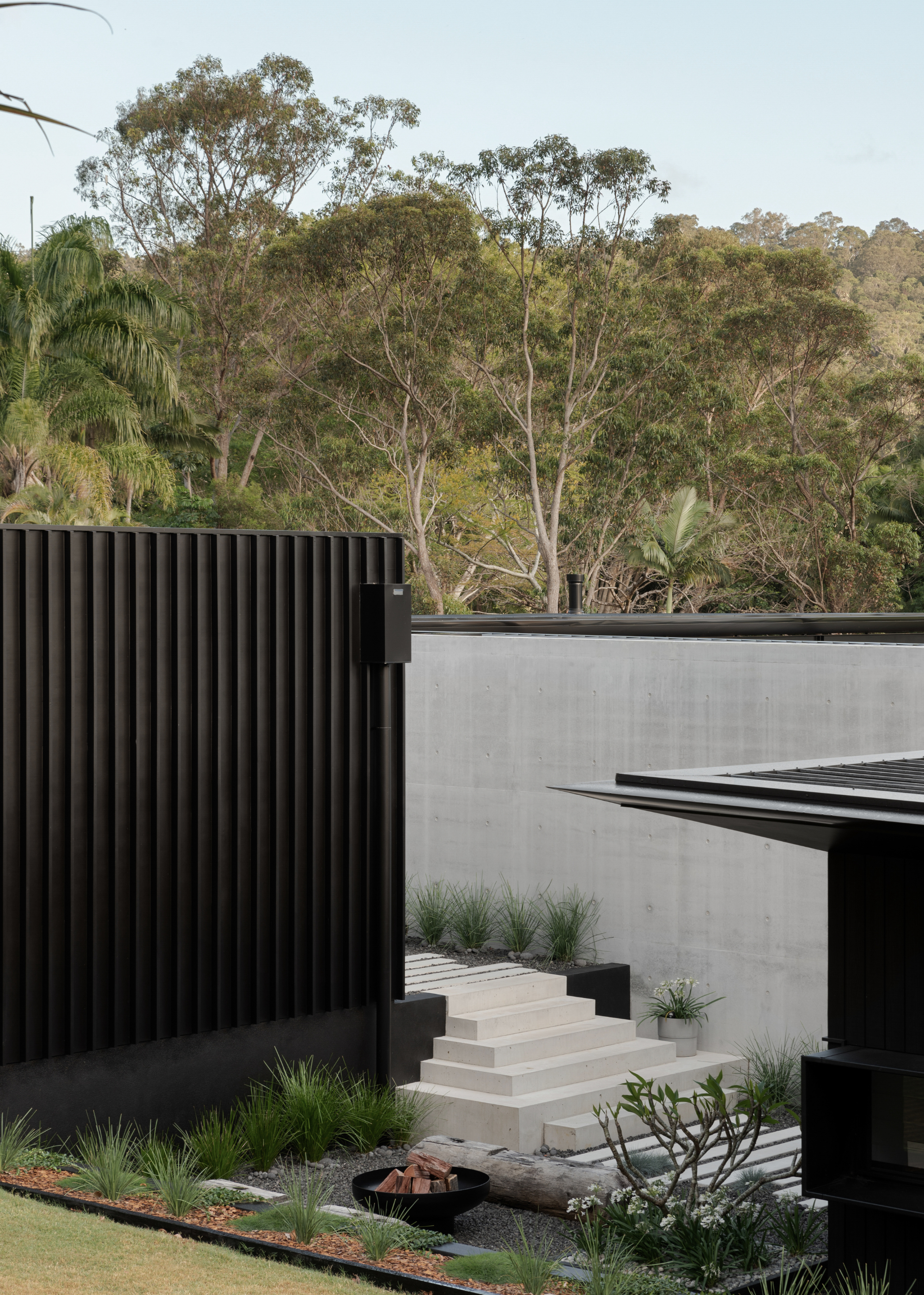 a sleek, modern garden in australia with a tall black fence surrounding the perimeter