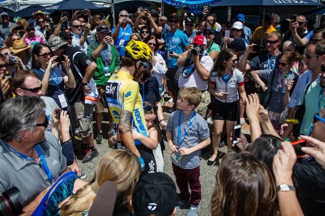 Bradley Wiggins (Sky) meets his family after winning the Tour of California