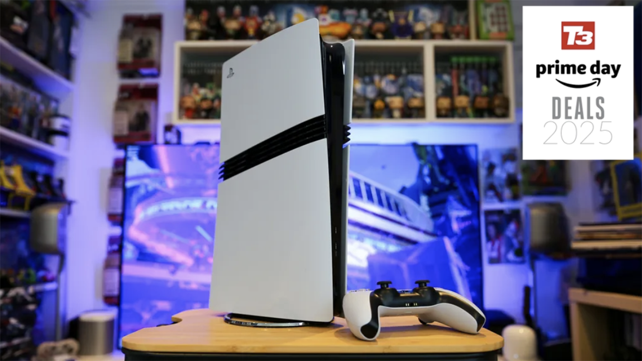 PS5 Pro deal (console on a stand in a gaming room with blue lighting)