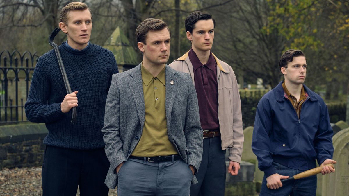 Danny Hatchard as driver Lee (front centre) in &#039;Ridley Road&#039;, leading the neo-Nazi thugs in 1960s London. 