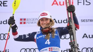 Mikaela Shiffrin of USA celebrates a first place during the award ceremony for Slalom 2nd Run of Audi FIS Ski World Cup Sestriere 2025 on February 23, 2025 in Sestriere, Italy