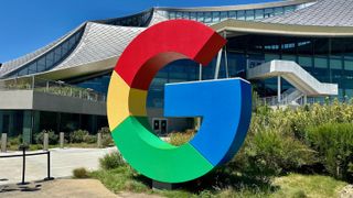 A statue of the multicolored "G" in Google on the Google campus in Mountain View