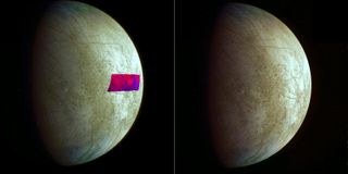 This image, using data from NASA's Galileo mission, shows the first detection of clay-like minerals on the surface of Jupiter's moon Europa. The clay-like minerals appear in blue in the false-color patch of data from NASA's Galileo spacecraft. Areas rich in water ice appear in red.