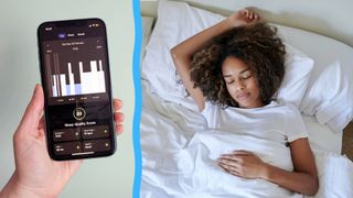 On the left, a close up of hand holding a phone showing data insights from the Withings sleep tracker on the Withings app. On the right, a woman lies on her back in bed, sleeping peacefully