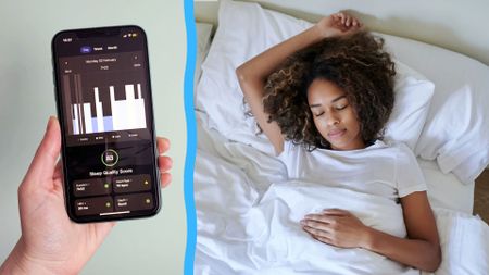 On the left, a close up of hand holding a phone showing data insights from the Withings sleep tracker on the Withings app. On the right, a woman lies on her back in bed, sleeping peacefully