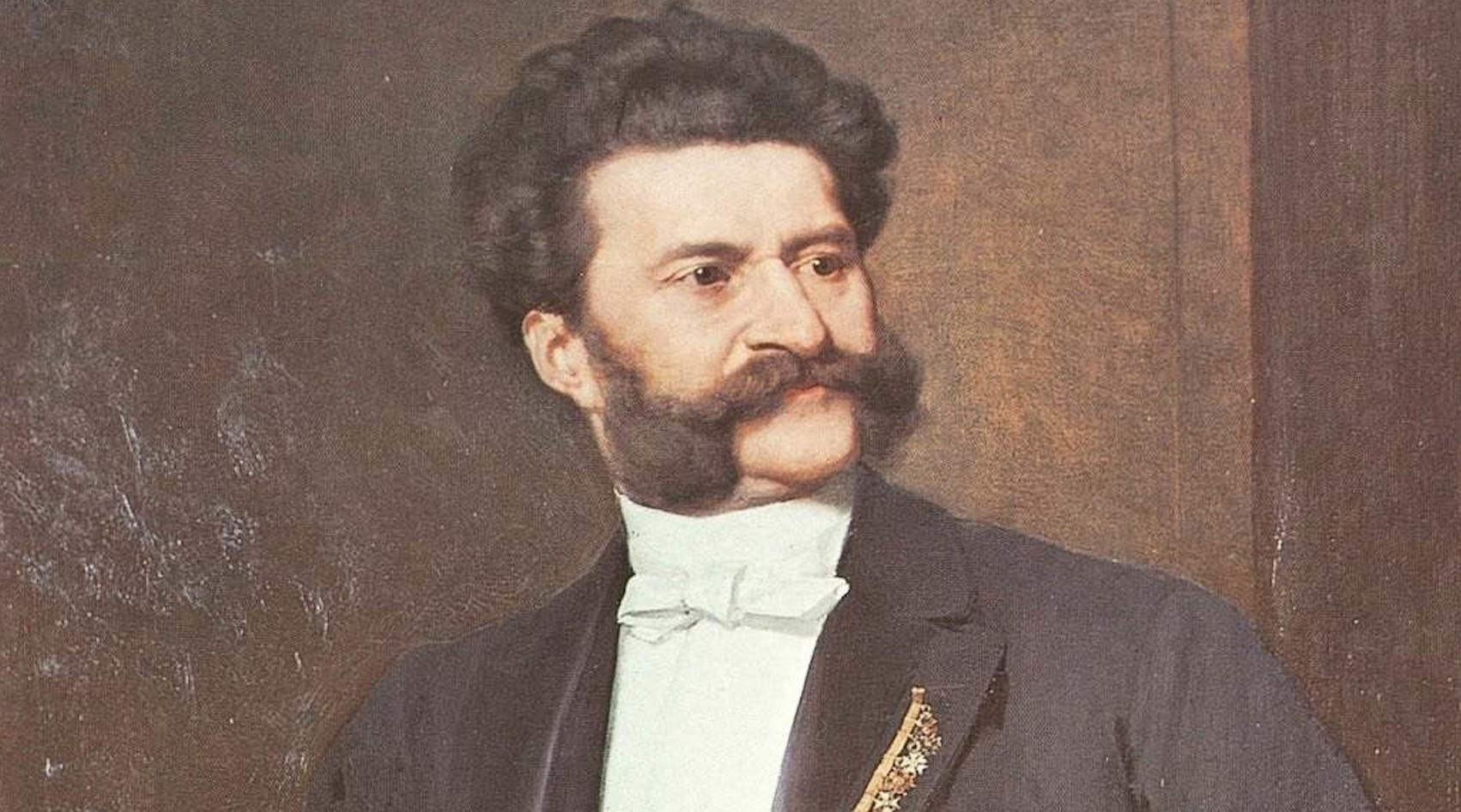 Uma pintura vintage de um homem de bigode em vestido formal