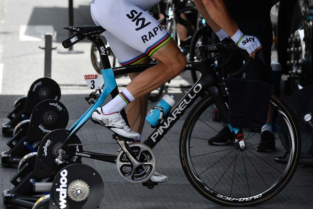 World champion Vasil Kiryienka (Team Sky) warsm up in his rainbow jersey