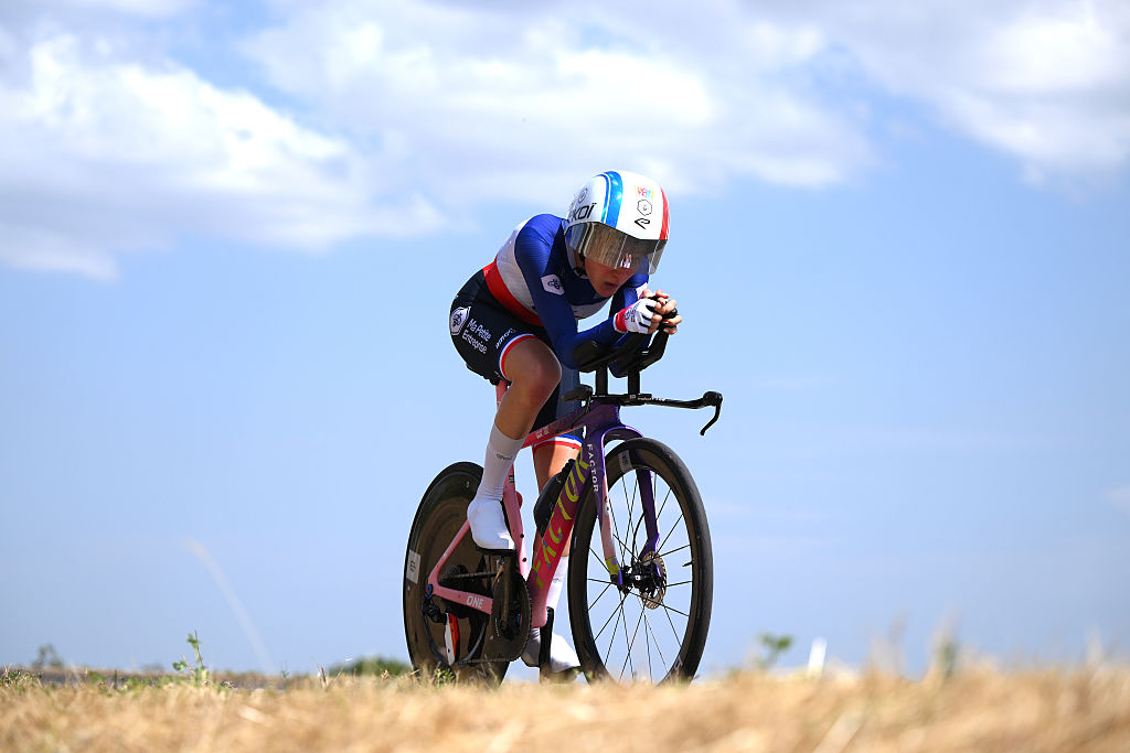 DIJON, FRANCE - AUGUST 04: Celia Le Mouel of France and Team Ma Petite Entreprise competes during the 5th Tour de France Femmes 2026, Stage 4 a 21km individual time trial stage from Gevrey-Chambertin to Dijon / #UCIWWT / on August 04, 2026 in Dijon, France. (Photo by Alex Broadway/Getty Images)
