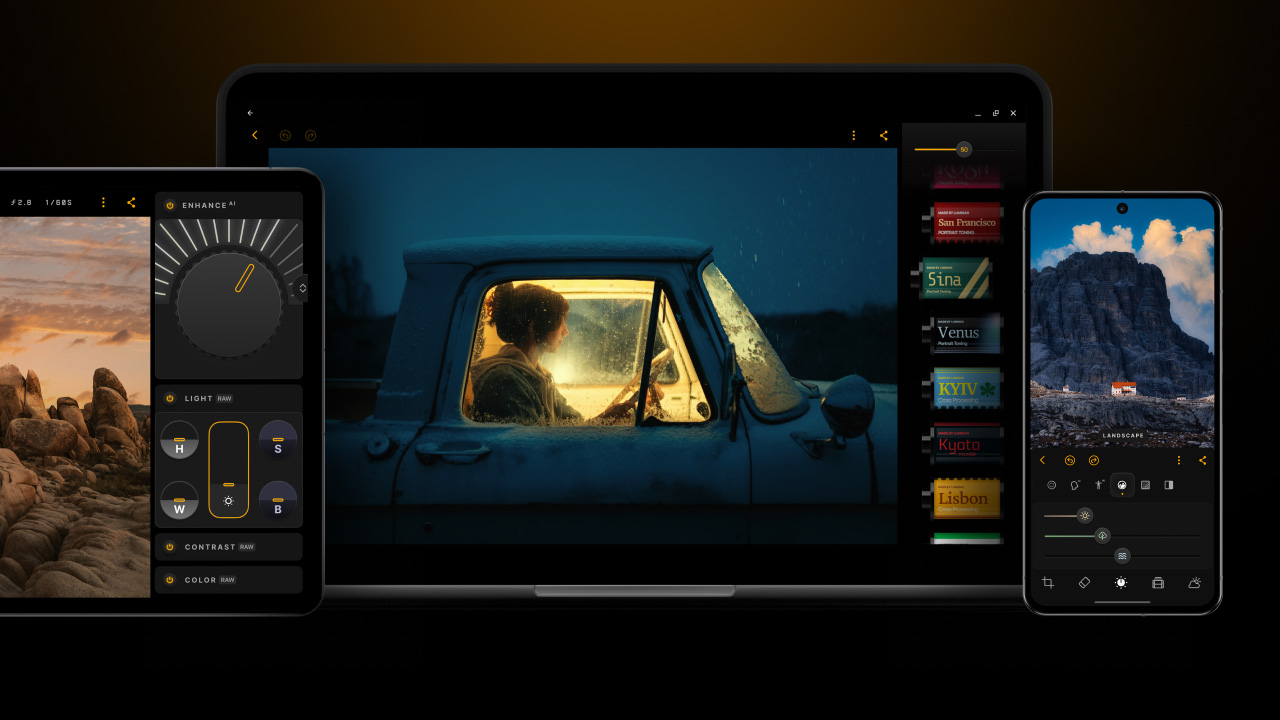 Skylum Luminar: Photo Editor operating on Android tablet, Chromebook and Android phone, with woman in car in centre of frame