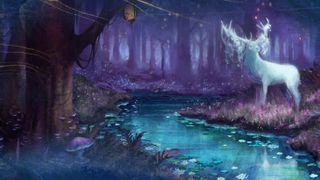 A magical stag stands beside a pond in official Age of Empires enchanted grove artwork.