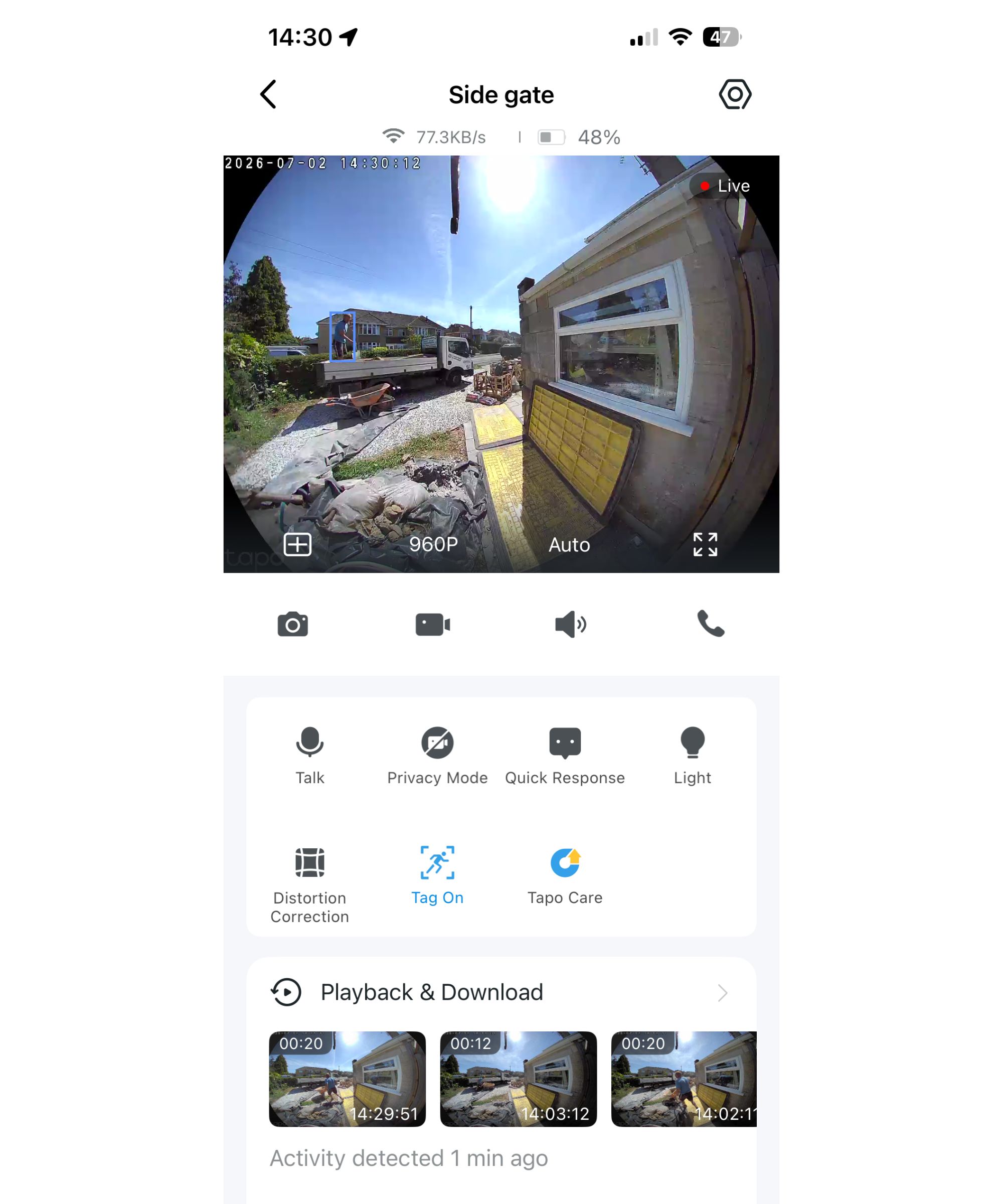 Detection tags in the Tapo app show a visual of motion, people, vehicle, pet and packages.