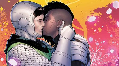 Superior Avengers #5 cover with Kristoff Vernard kissing an alt-reality Killmonger