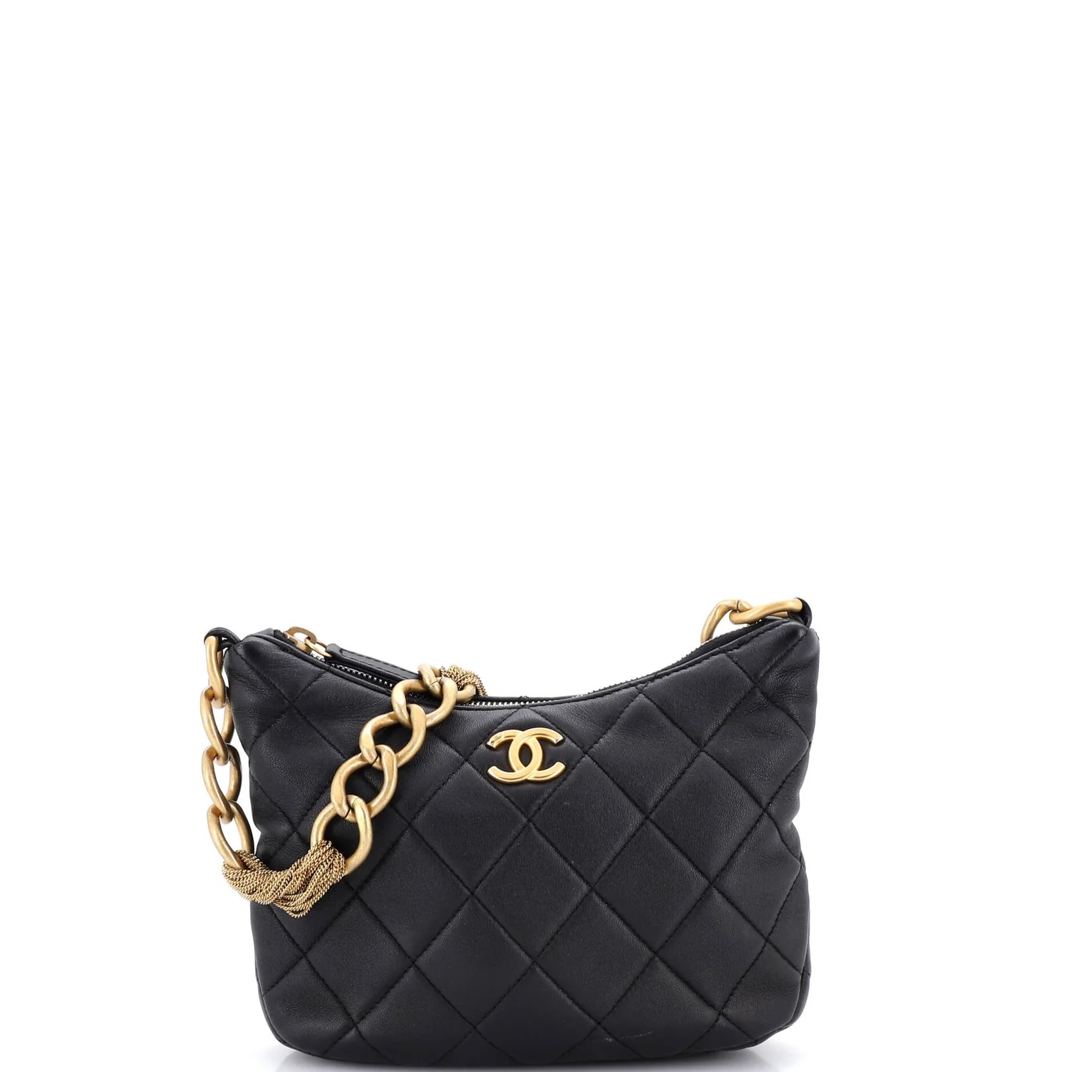 Cc Mixed Chain Link Zip Hobo Quilted Lambskin