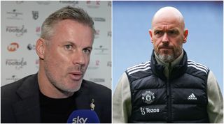 BIRMINGHAM, ENGLAND - OCTOBER 06: Erik ten Hag, manager of Manchester United, looks on during the Premier League match between Aston Villa FC and Manchester United FC at Villa Park on October 06, 2024 in Birmingham, England. (Photo by James Gill - Danehouse/Getty Images) Jamie Carragher