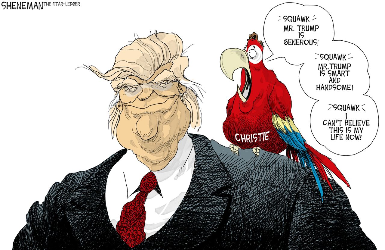 Political cartoon U.S. Donald Trump Chris Christie parrot