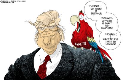 Political cartoon U.S. Donald Trump Chris Christie parrot