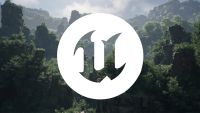 A logo over a render of a forest