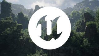 A logo over a render of a forest