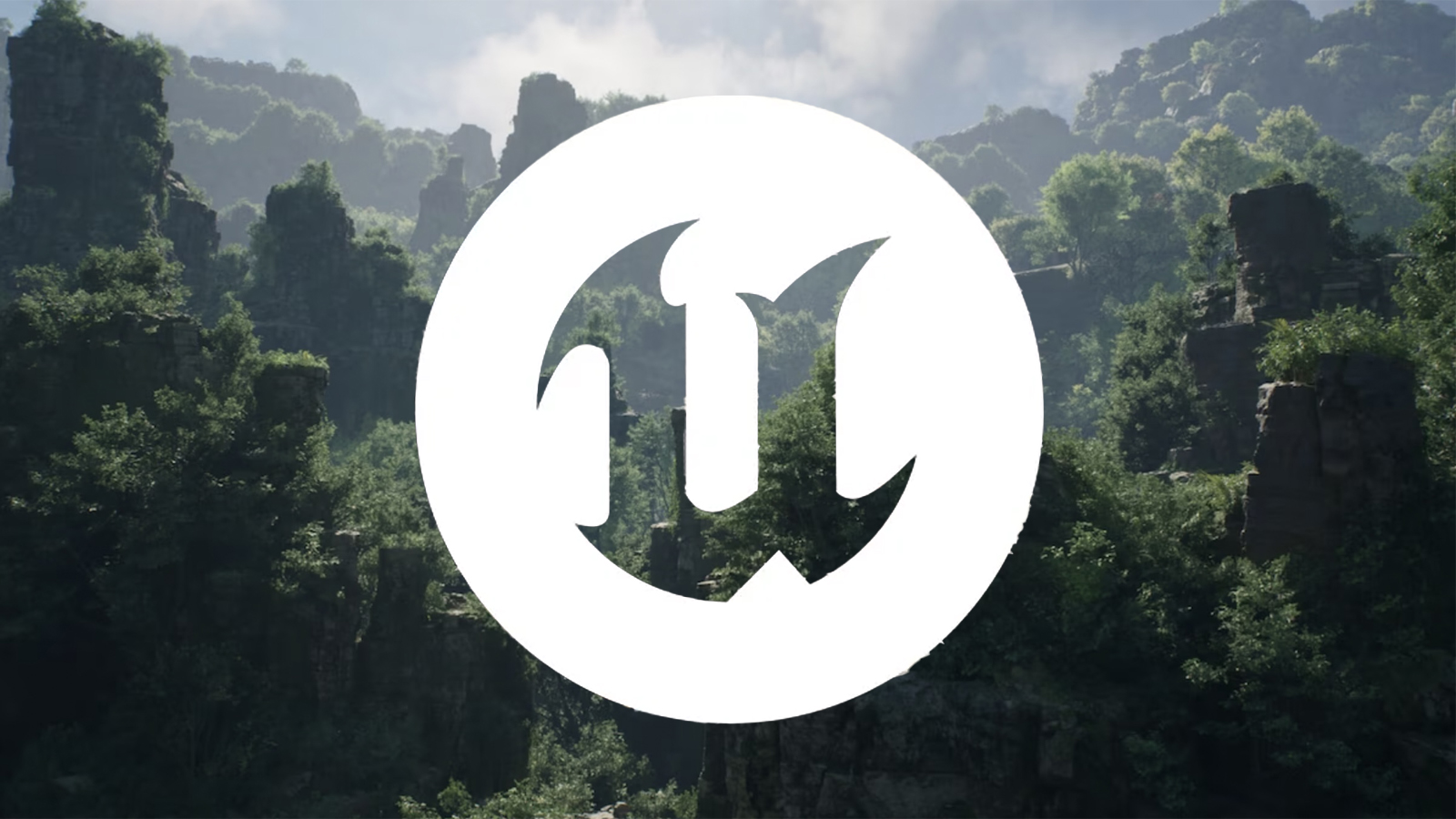 A logo over a render of a forest