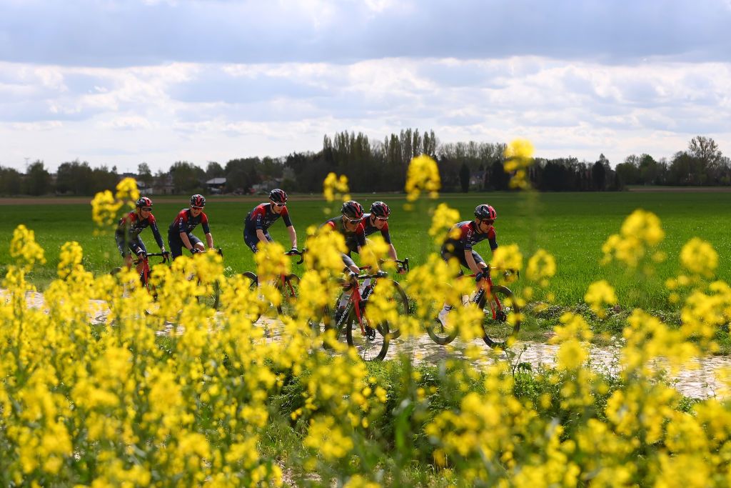 ROUBAIX FRANCE APRIL 14 Cameron Wurf of Australia Dylan Van Baarle of Netherlands Magnus Sheffield of United States Ben Turner of United Kingdom Luke Rowe of United Kingdom and Michal Kwiatkowski of Poland and Team INEOS Grenadiers during the 119th ParisRoubaix 2022 Training ParisRoubaix WorldTour on April 14 2022 in Roubaix France Photo by Tim de WaeleGetty Images