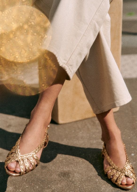Natacha Low Sandals - Smooth Braided Gold - Crackled Metallic Goatskin Leather - Sézane