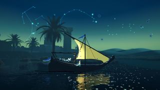An image of Layla on a boat on a river in the game Nightscape