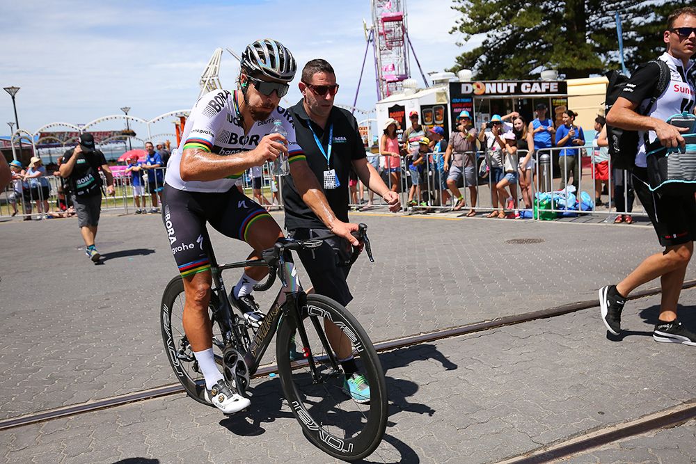 Peter Sagan takes on some water after stage 3 at the Tour Down Under