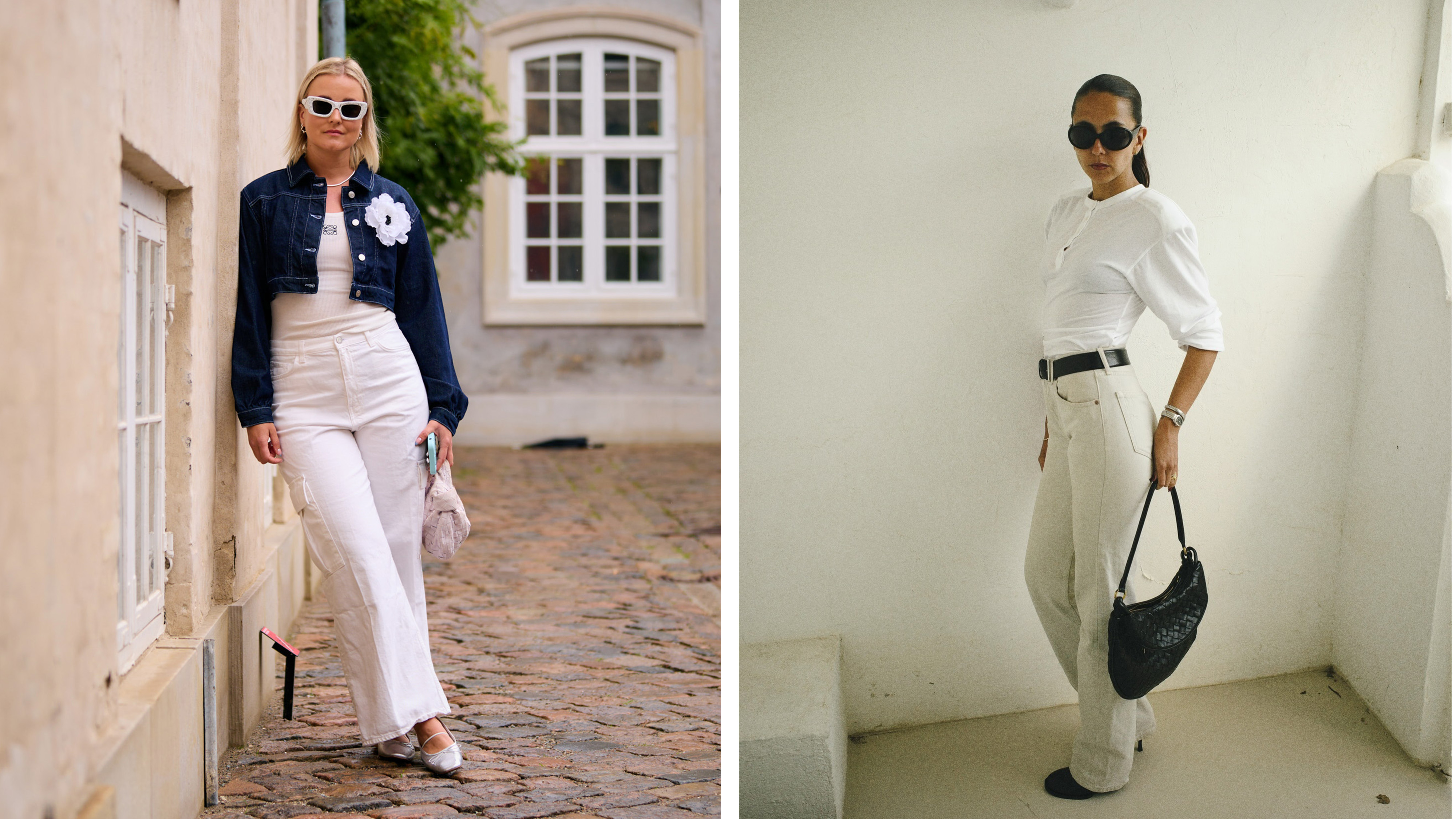 One woman wears a denim jacket, white tank, and wide-leg white jeans. One woman wears a white long sleeve, black belt and high-waisted jeans.