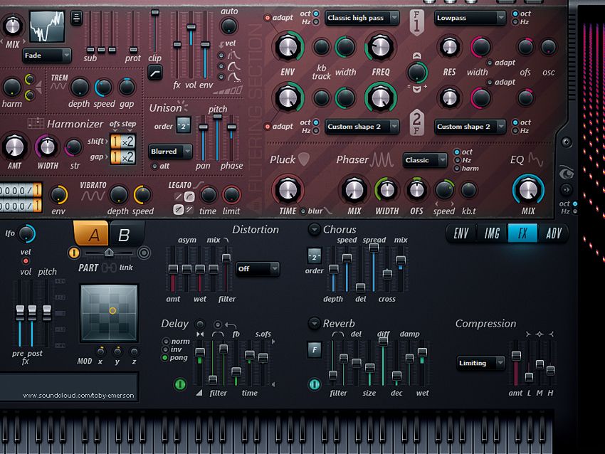 The FX tab is active here, with distortion, chorus, reverb, delay and compression all on tap.