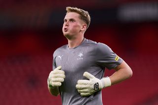 Antonin Kinsky of SK Slavia Praha warms up prior to the UEFA Europa League 2024/25 League Phase MD3 match between Athletic Club and SK Slavia Praha at Estadio de San Mames on October 24, 2024 in Bilbao, Spain.