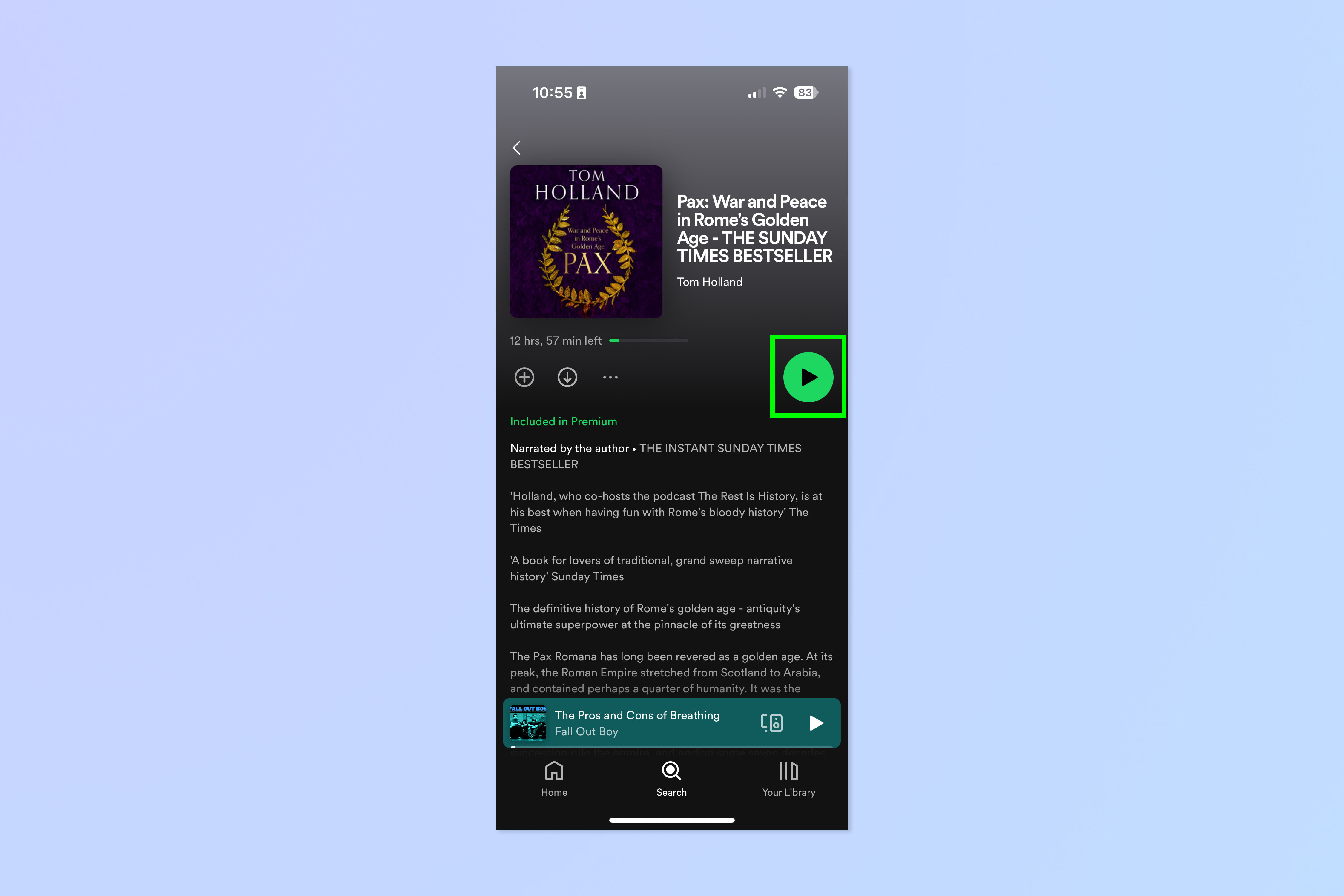 Скриншот, показывающий, как слушать аудиокниги на Spotify.