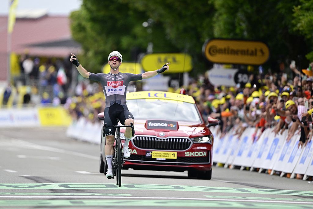 Australian Kaden Groves of Alpecin-Deceuninck celebrates after winning stage 20 of the 2025 Tour de France cycling race, from Nantua to Montpellier (185km), on Saturday 26 July 2025 in France. The 112th edition of the Tour de France starts on Saturday 5 July in Lille, France, and will finish in Paris, France on the 27th of July. BELGA PHOTO DIRK WAEM (Photo by DIRK WAEM / BELGA MAG / Belga via AFP)