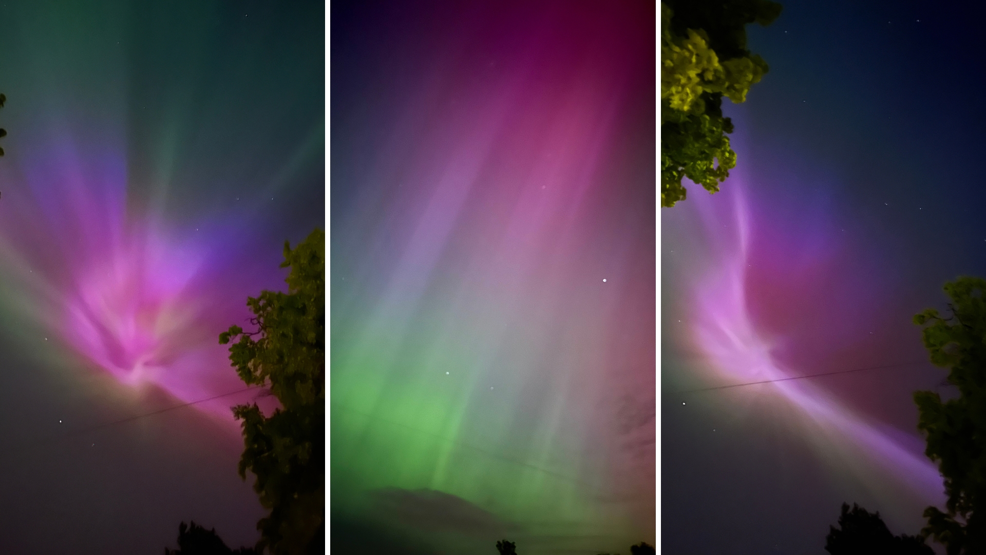 northern lights captured from Nottingham UK show ribbons of pink purple and green light stretch across the sky. the image is a 3 panel mosaic of three vivid northern lights scenes.