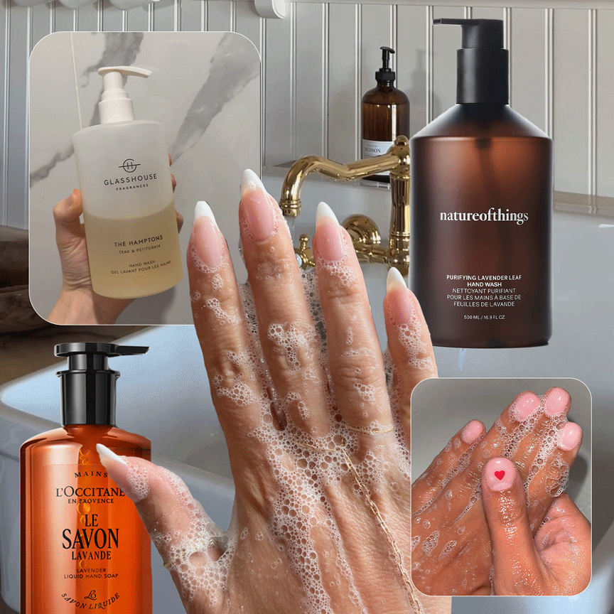 Photo collage of hand soaps and moisturized hands 